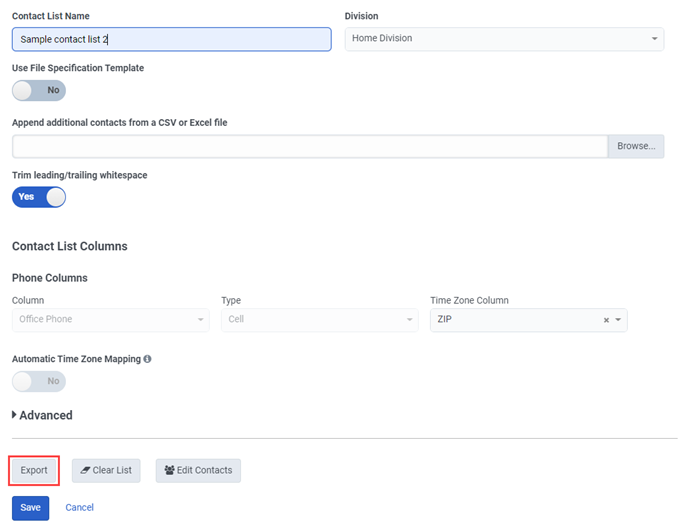 Figure shows button used to export records from a contact list.