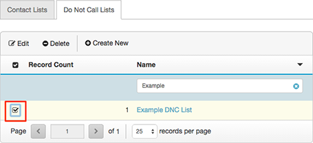 Figure shows selecting a DNC list for deletion.