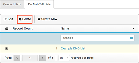 Figure shows the delete button to click when deleting the selected DNC lists.