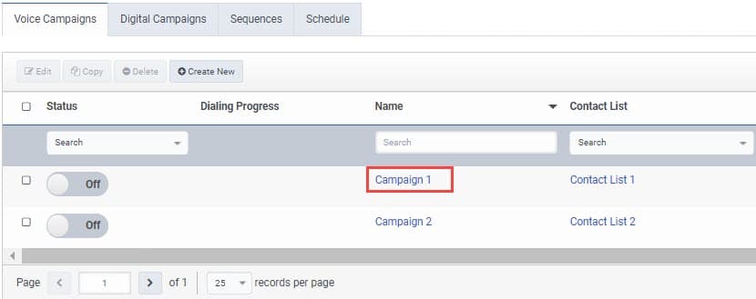 Graphic shows selecting a campaign in the name column.