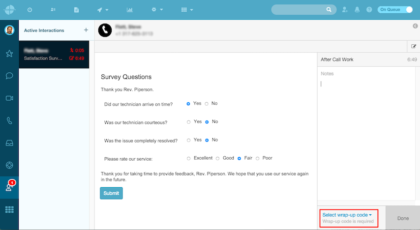Figure shows button pressed when an agent wants to assign a wrap-up code to the interaction.