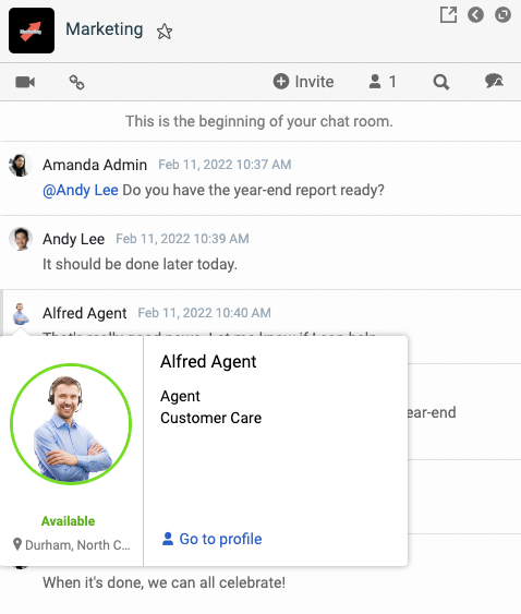 A chat room that shows a contact card