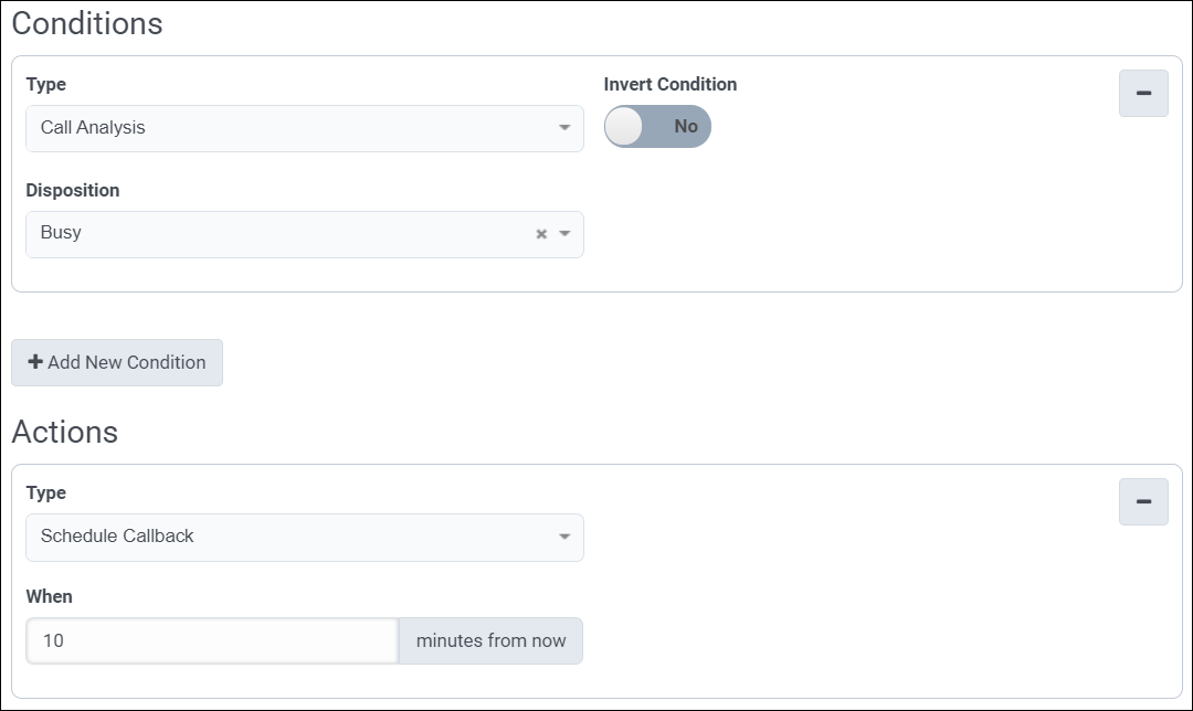 The Conditions box that includes the Type and Disposition for a rule