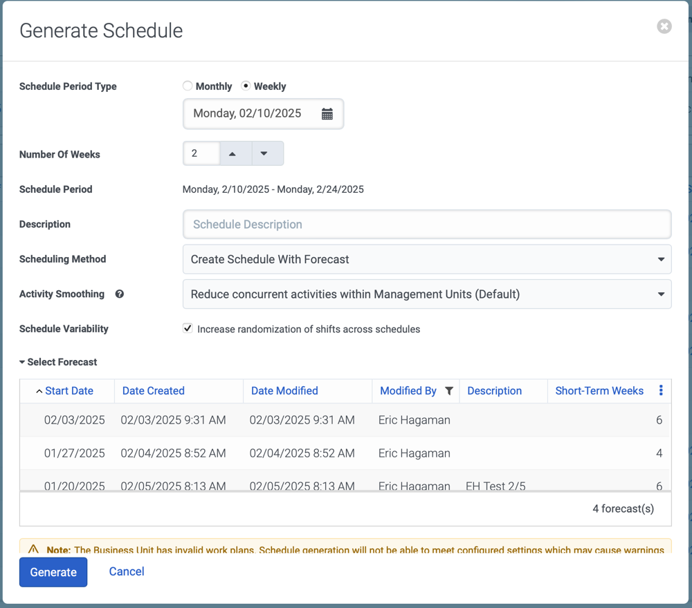 Generate schedule dialog box