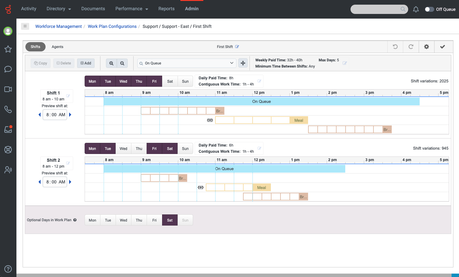 This screen displays an example of shift selection