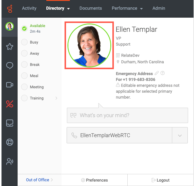 Ellen Templar's user settings with her picture in an orange square