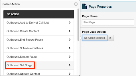 Figure shows selection of Outbound.Set Stage action from the Select Action popover.