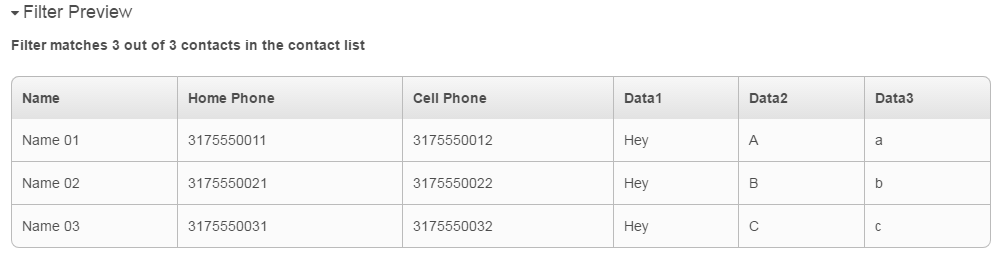 Figure displays a preview of the contacts that match the contact list filter created.