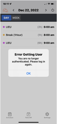 The Tempo app with an error message