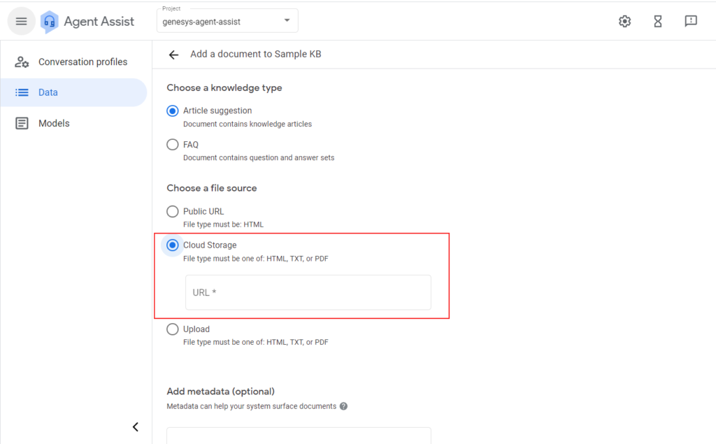 Shows the Cloud storage item in the Choose a knowledge type list.
