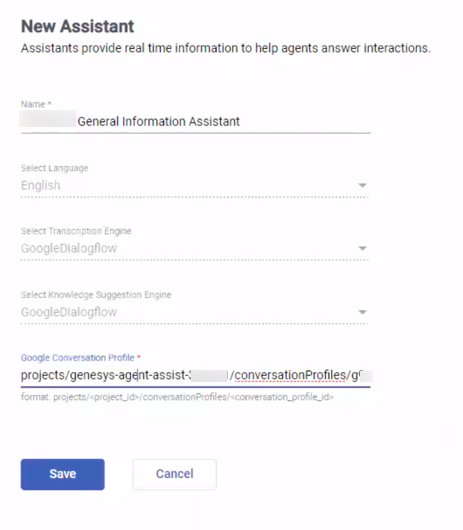 Shows the New Assistant dialog where you must paste the Conversation Profile ID.