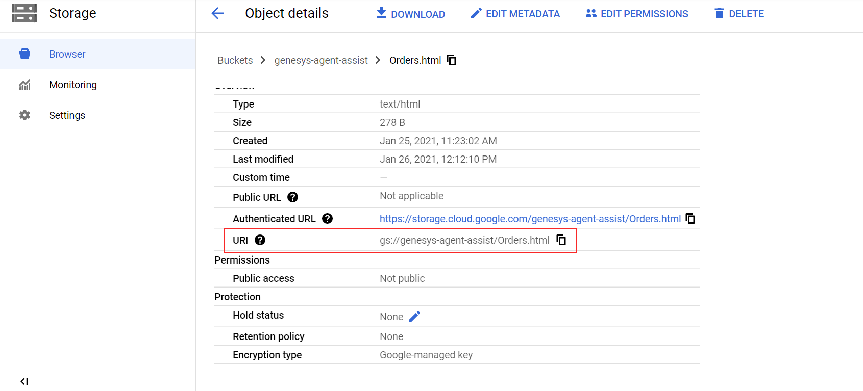 Shows the URI field in the Object details