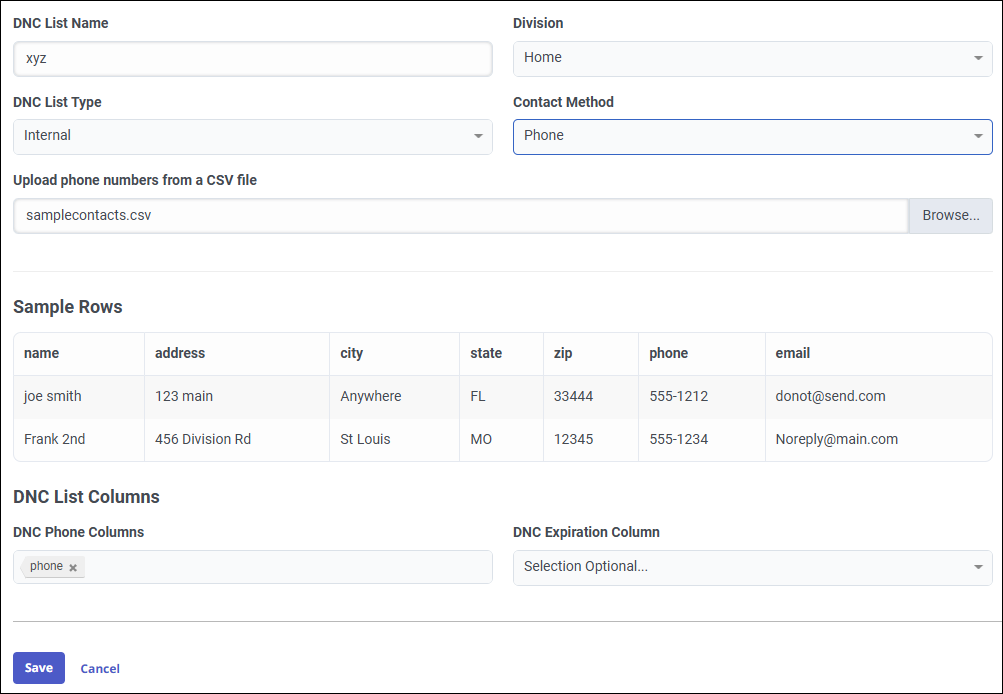 Figure shows an example of a new phone number DNC list entry