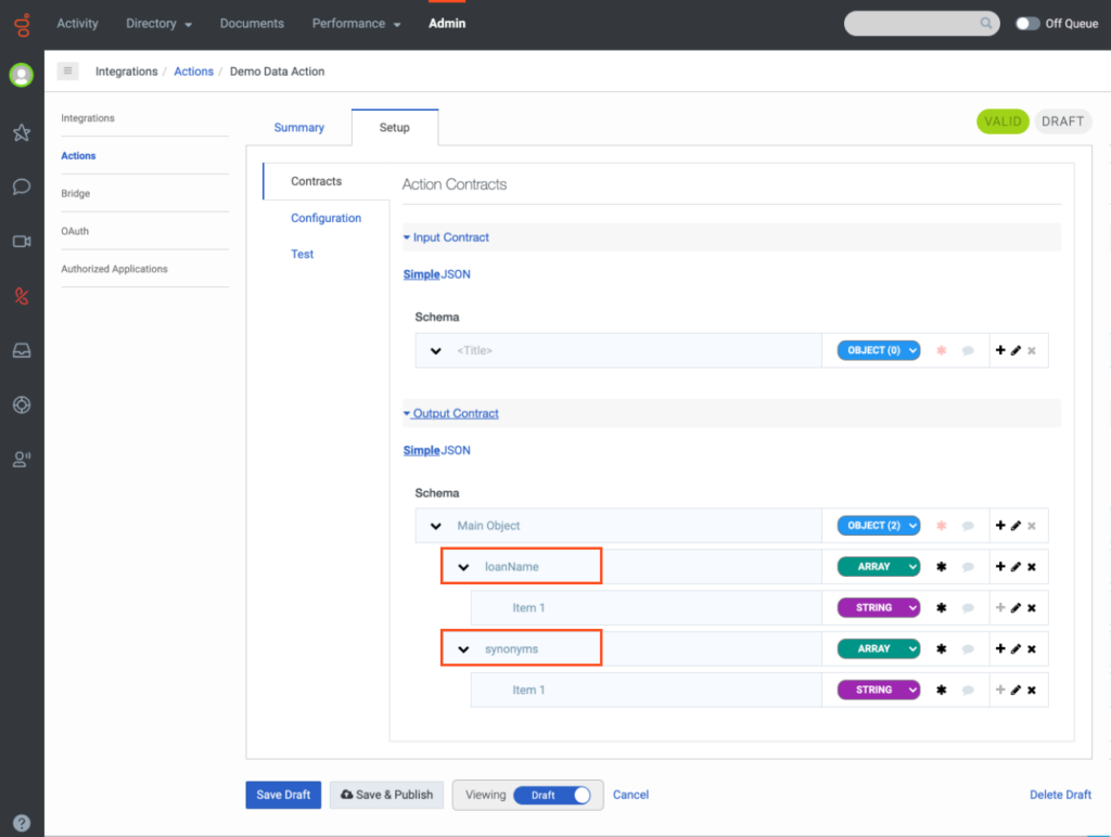 Example: Genesys Cloud data action Contracts tab