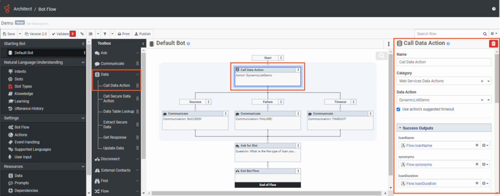 Call Data Action in the bot flow