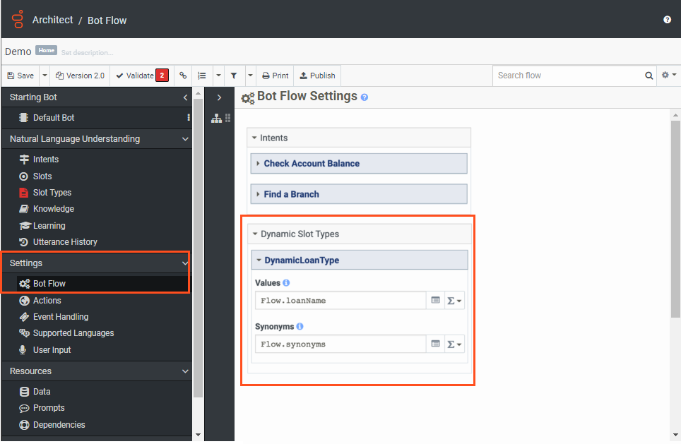 Navigate to the Bot Flow settings page