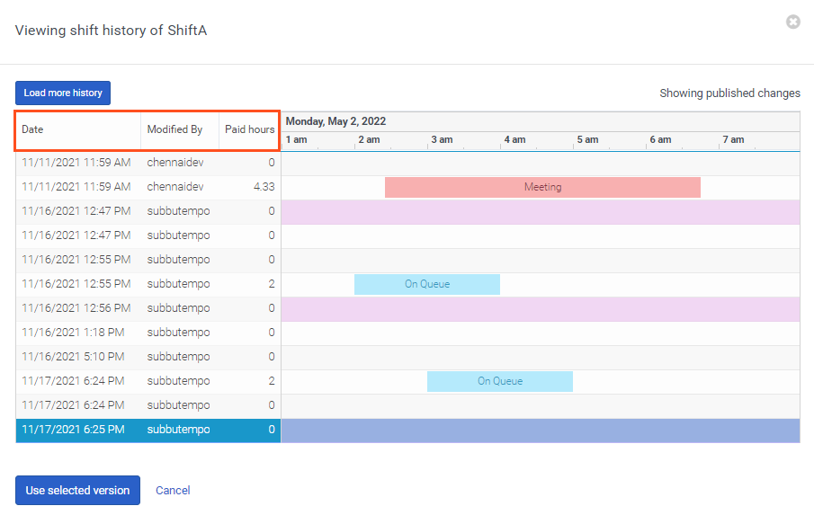 View shift history