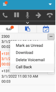 The image shows the options available for a selected voicemail. The available options are Mark as Unread, Download, Delete Voicemail and Call Back.