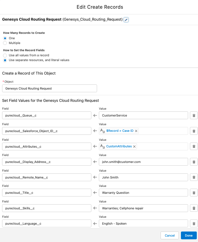This image shows the field values of Genesys Cloud routing request.