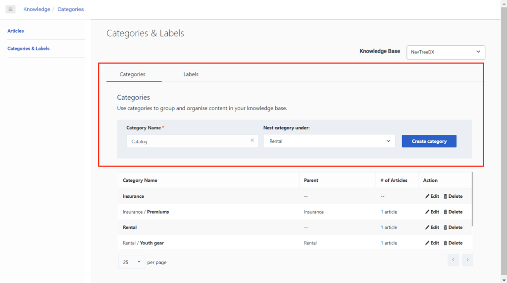 Add categories to a knowledge base