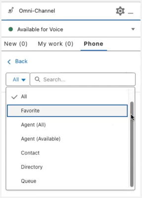 The phone book list in the Omni-Channel in Salesforce Service Cloud Voice console
