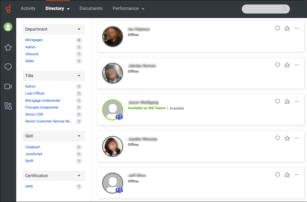 This image is a screenshot of the users available from the directory in Genesys Cloud. The image shows the user from Microsoft Teams available status.