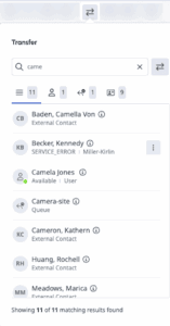 The Genesys Cloud transfer window that shows icons for Genesys Cloud users, queues, and External Contacts