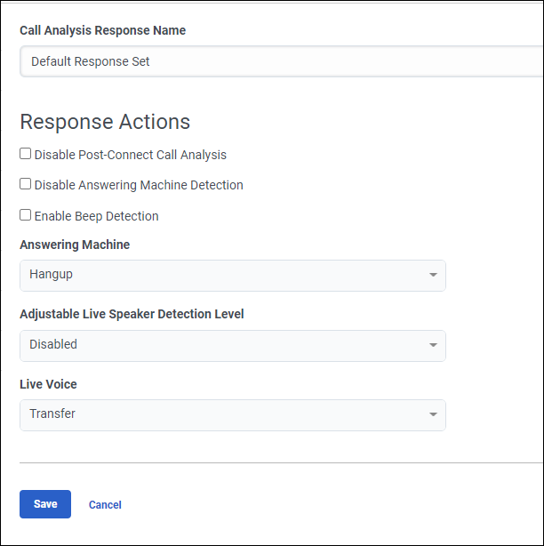 Figure displays properties for a call analysis response