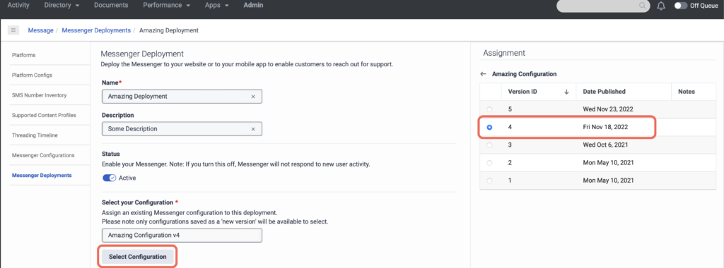 Messenger Deployment screen