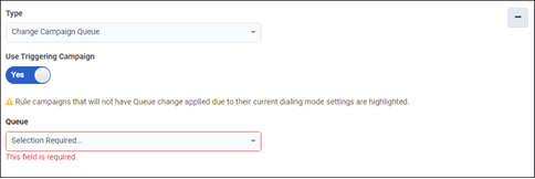 Figure shows selecting the Change Campaign Queue action for a campaign rule