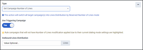 Figure shows selecting the Set Campaign Number of Lines action for a campaign rule