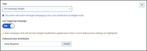 Figure shows selecting the Set Campaign Weight action for a campaign rule