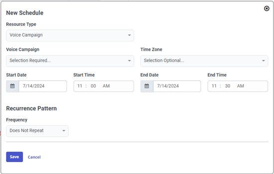 Displays the New Schedule pop-up window for scheduling a campaign