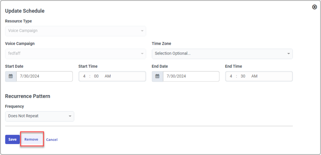 Shows removing a schedule entry.