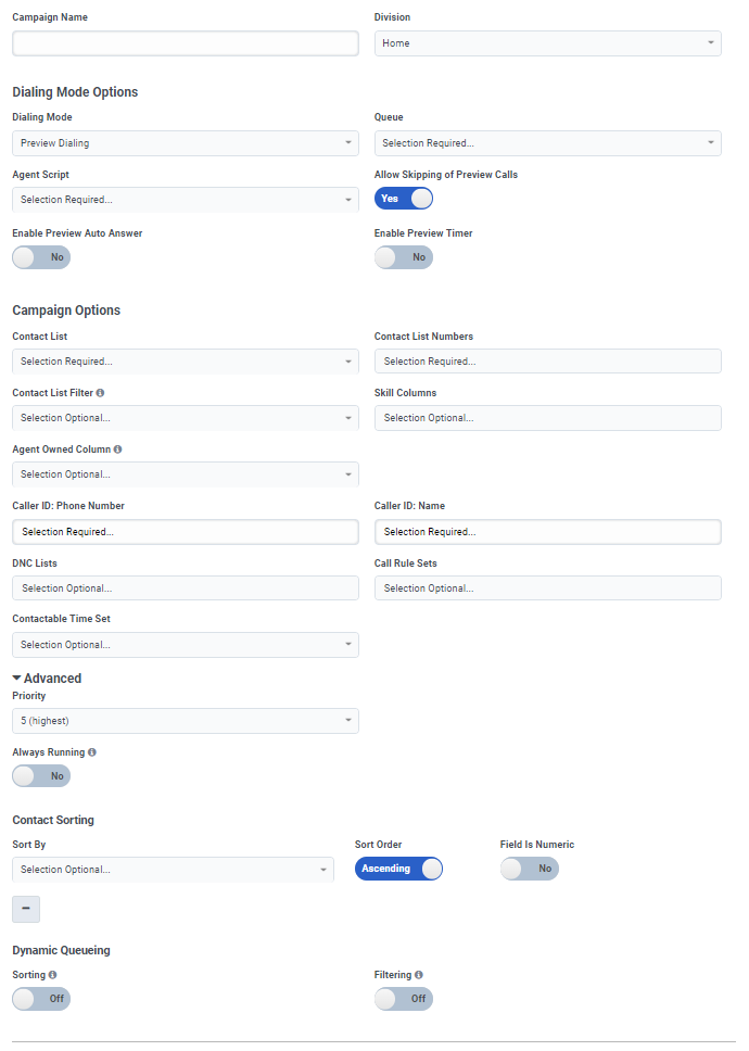 Figure shows the campaign editor for the Preview dialing mode