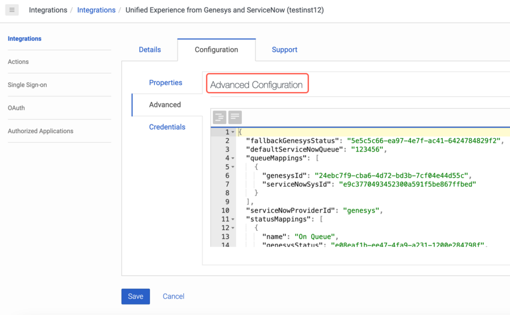 This image is a screenshot of the Advanced Configuration tab while creating an integration in Genesys Cloud for ServiceNow.