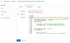This image is a screenshot of the Advanced Configuration tab while creating an integration in Genesys Cloud for ServiceNow.