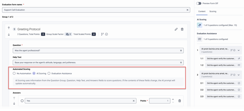 Choose automated scoring for an evaluation question