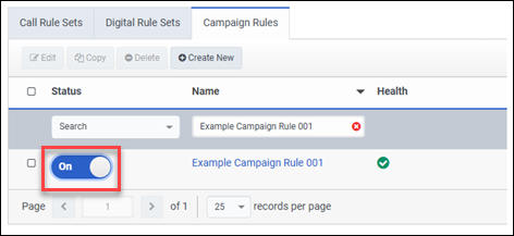 Figure shows turning the new campaign rule on in the Campaign rules view.