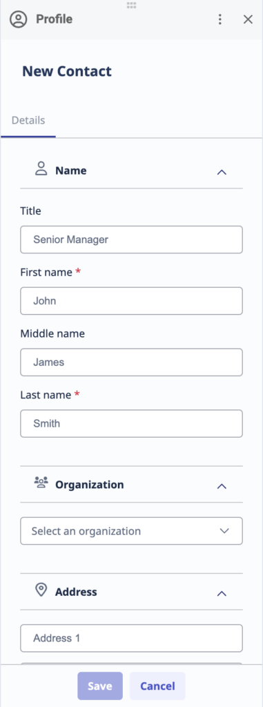 The New Contact window that shows the fields you use to add a new contact