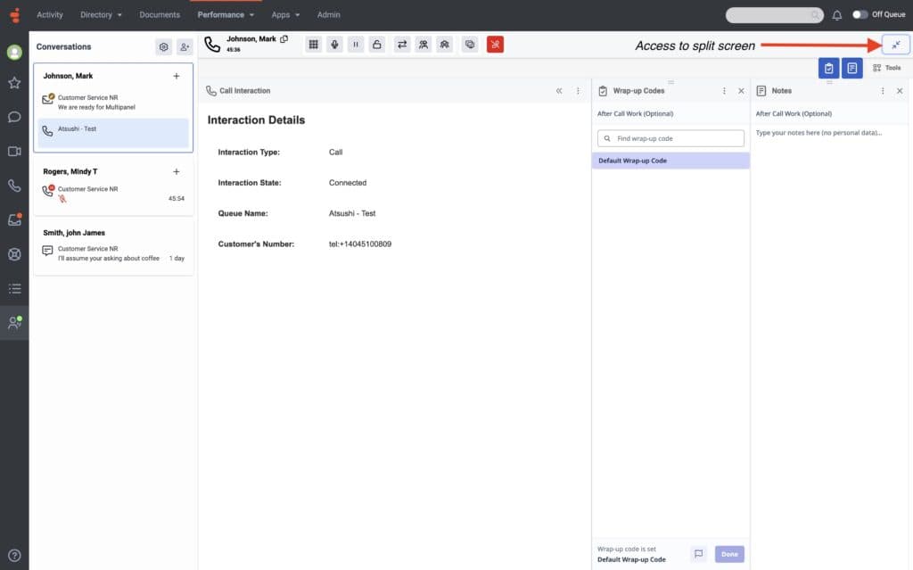 Access to split screen