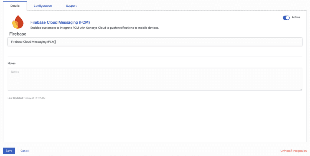 Displays the android configuration for the integration