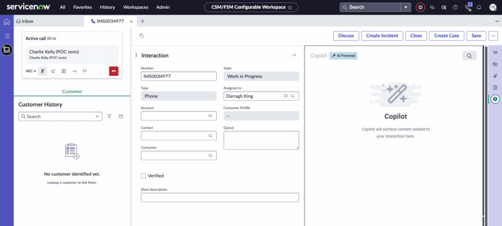 This image is a screenshot of the ServiceNow UI that displays the Agent Copilot component added to the workspace.
