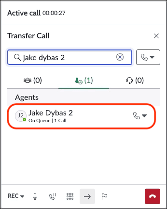Click to enlarge. The image is screenshot of the ServiceNow UI call control with transfer option.