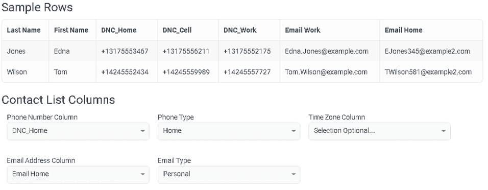 Click to enlarge. Displays the Sample Rows and Contact List Columns sectiions