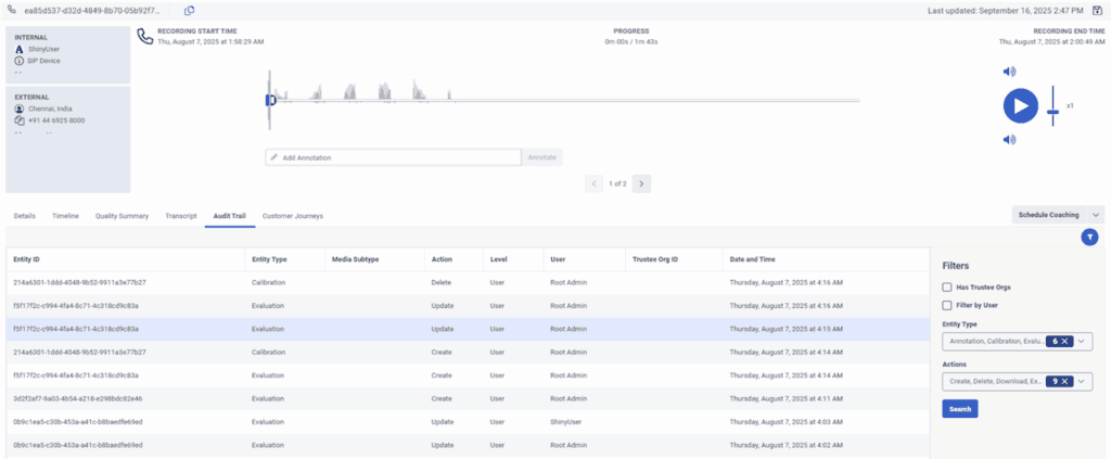 Click to enlarge. View an interaction's audit trail 1