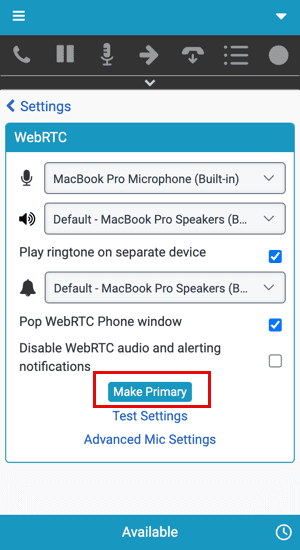 Click to enlarge. This image is a screenshot of the embedded client that shows the option Make Primary in the WebRTC settings.