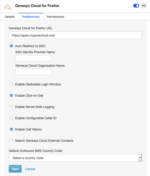 Click to enlarge. Settings for Genesys Cloud for Firefox