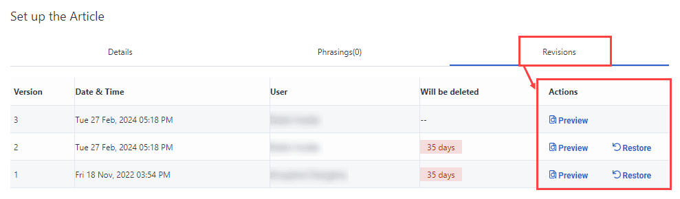 Click to enlarge. View and restore previous versions of a knowledge base article