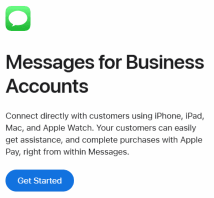 Click to enlarge. Messages for business accounts page with the Get Started button